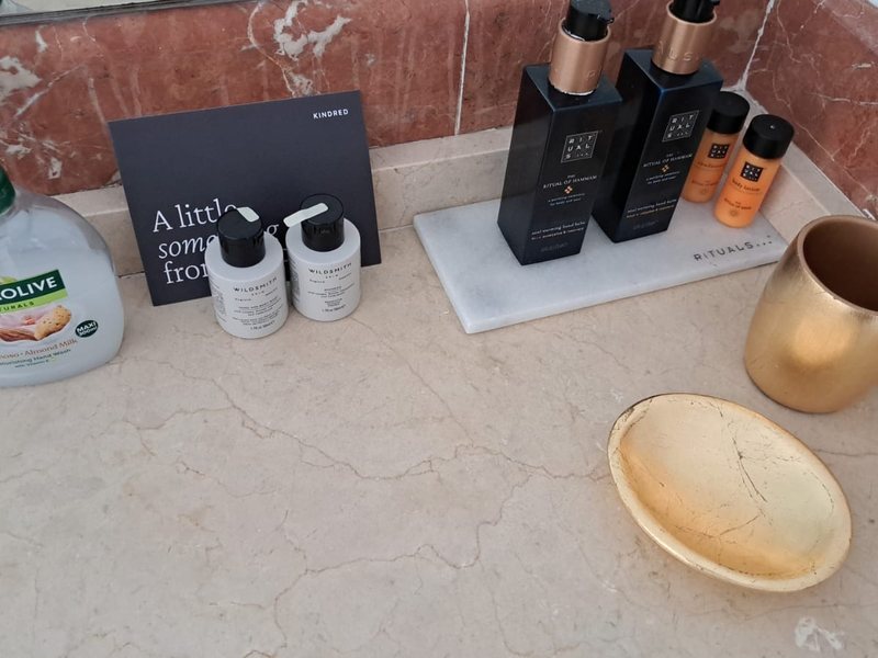 Marble bathroom vanity with guest amenities in Nueva Andalucia